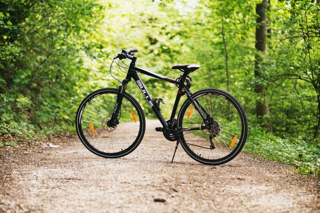 A bike parked on a trail. 